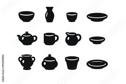 Clay Vessels. Solid icon set of Clay Vessels: round bowl, tall vase, small cup, wide platter, sculpted teapot, handled mug, pouring jug, tiny dish, decorative