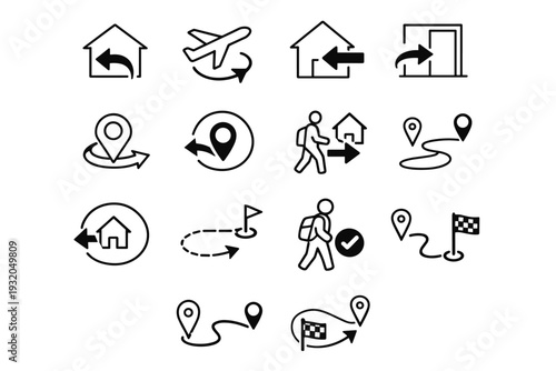 Come Back. Line icon set of Come Back: home return, arrival arrow, back home, re entry symbol, destination return, revisit place, step back home, circular