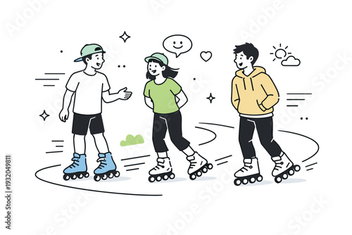 Spring rollerblade cruising. Friends skating together at a calm pace, casual conversation and smiles, gentle curves of the path and abstract motion lines