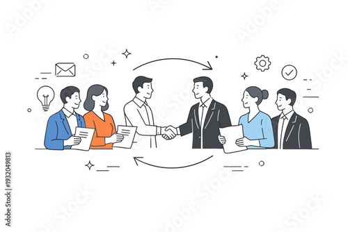 Business cooperation. Two teams meeting in the center, exchanging documents and shaking hands, with simple arrows showing collaboration flow. The mood is