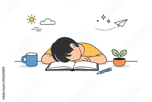 Everyday boredom realism. Person resting their head on a desk, notebook open but untouched, soft window light casting calm shadows. Gentle depiction of mundane