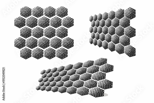 Geometric hex pattern texture with staggered dotted alignment shown from front view, side view, and three-quarter perspective as a single object set with