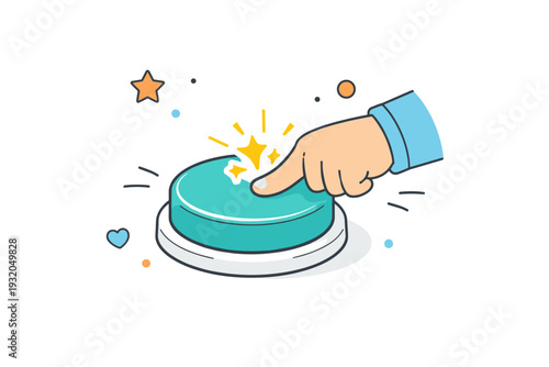 Buttons and switches tactile. Childlike hand pressing a large round button with spark-like icons surrounding the contact point. Playful, intuitive tactile