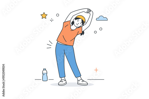 People stretching casually. Person leans slightly to the side with arms raised, relaxed balance. Light flexibility, informal stretch, calm body awareness.