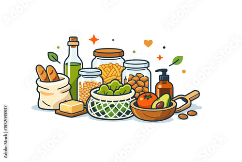 Low waste lifestyle kitchen concept highlighting reduced packaging, shown through glass jars, fresh produce and minimal containers suggesting simplicity and