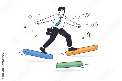 Organizational agility. An employee stepping across moving platforms while staying balanced and confident. Abstract metaphor of navigating shifting conditions