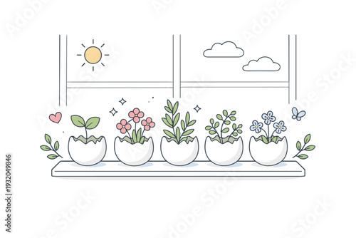 Eggshell planters as decor. Small cracked eggshells used as mini pots for herbs or flowers, placed gently on a window sill. Calm, clever reuse scene with