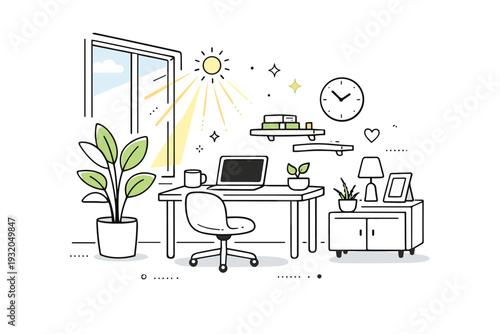 Natural light micro-zones. A modern office corner with a window, soft sunlight, and greenery, showing how light supports well-being. Gentle rays and clean