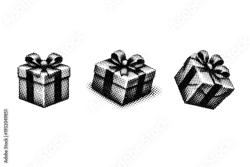 Halftone repeating gift wrap motif. A single repeating gift wrap motif shown in three views: flat view, diagonal view, and rotated view, clearly defining