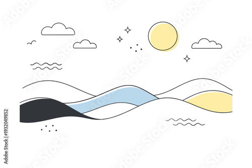 Graphic resources and backgrounds. A gentle abstract landscape made of curves and simple shapes, functioning as a background with no central focus. Calm flow