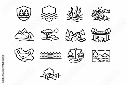 Habitat protection. Line icon set of Habitat protection: protected forest, ocean reserve waves, wetland reeds, coral reef, mountain habitat, savanna landscape,
