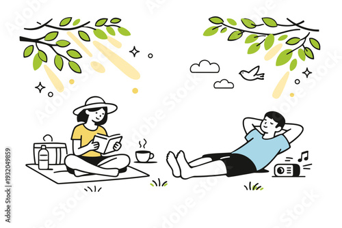 Sunlight through leaves ? summer calm. Warm light shapes drifting between simplified branches and leaves, suggesting slow time and relaxed outdoor feeling.