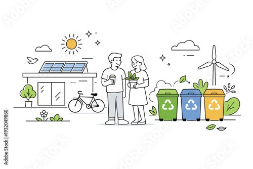 Eco-friendly living. A modern home scene with solar panels, recycling bins, and simple greenery integrated naturally. Quiet harmony between lifestyle and