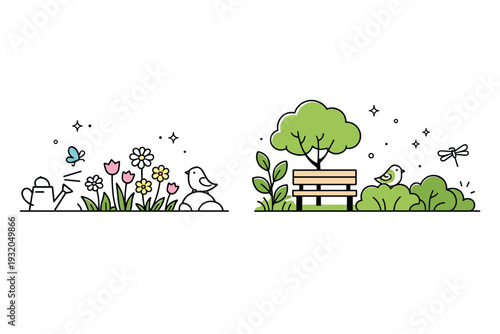 Spring blooms to summer greenery. A minimalist garden scene evolving from delicate flowers to full green abundance. Quiet joy, life expanding and settling into