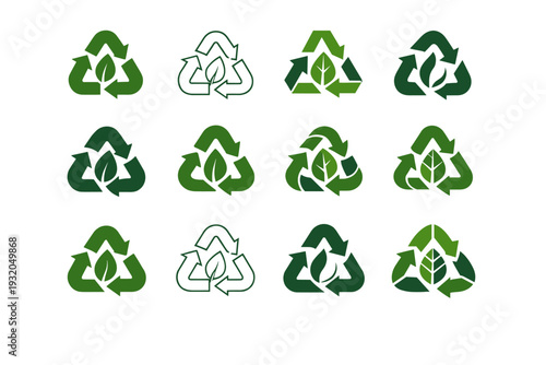 Conservation projects. Icon set. Set Logo of Conservation projects: recycling arrows nature symbol. harmonious logo variations of the same emblematic concept,