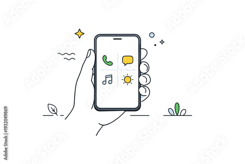 Intentional phone use habits. A symbolic editorial scene with a hand holding a phone showing minimal icons, surrounded by plenty of empty space. Simplicity,