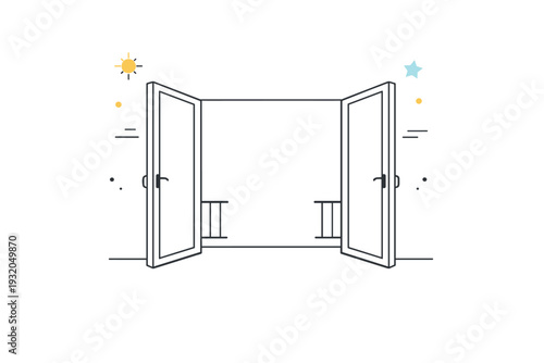 Balcony doors reopening. Abstract composition of door frames opening outward, emphasizing negative space and light. Repeated routine and quiet openness.