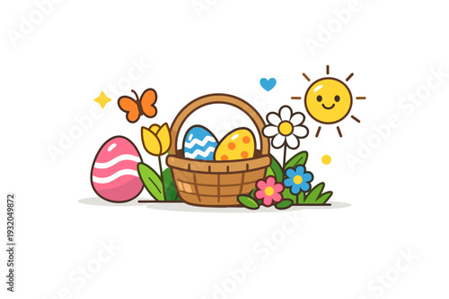 Spring holidays background friendly floral scene with balanced spacing and playful shapes, conveying celebration, warmth, and seasonal renewal. Minimalist flat