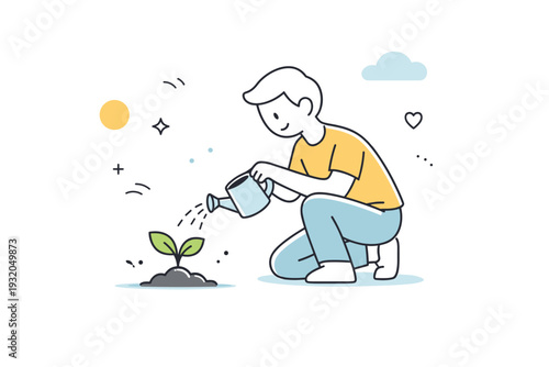 Hope and growth. A small plant sprouting from the ground with a person gently watering it, calm and optimistic mood. Symbol of new beginnings and steady