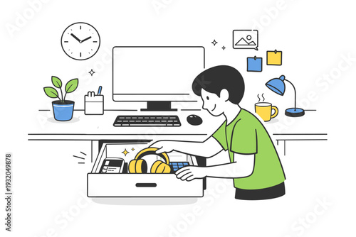 Desk organization. A person placing the final item into a drawer, completing a clean desk setup. Sense of completion and control with friendly, simple forms.