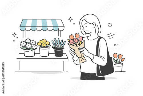 Women choosing flowers at stalls. A woman stands by a street flower stall, gently holding a bouquet while deciding. Calm selection, everyday beauty, quiet
