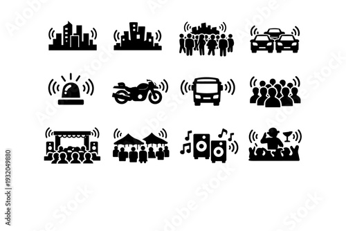 Noise pollution. Solid icon set of Noise pollution: urban noise, city skyline sound, busy street, traffic jam, siren alarm, motorcycle noise, bus noise, crowd