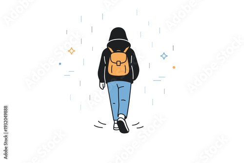 Light drizzle walks. Rear view of a person walking away as light rain fades into background. Soft departure, quiet continuation, gentle motion through weather.