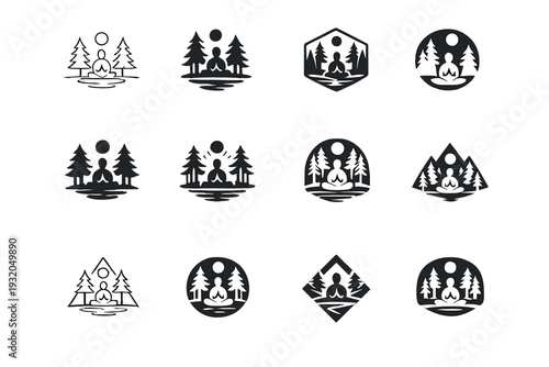 Person in a peaceful forest, reflecting in faith. Icon set. Set Logo of Person in a peaceful forest, reflecting in faith: symbolic nature and spirit harmony.