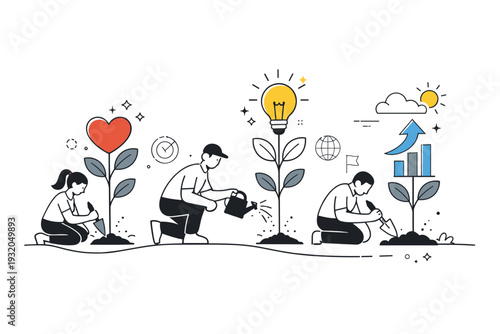 Imagining positive future impact. Team members planting abstract symbols that grow into clear outcomes. Hopeful editorial scene about intention and long-term