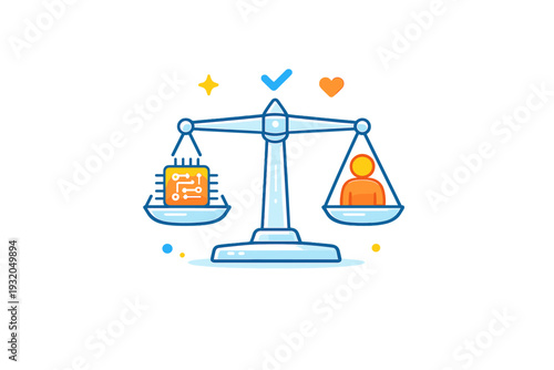 Transparent AI expressed through a balance scale holding a chip icon on one side and a human icon on the other. The illustration suggests fairness, ethical