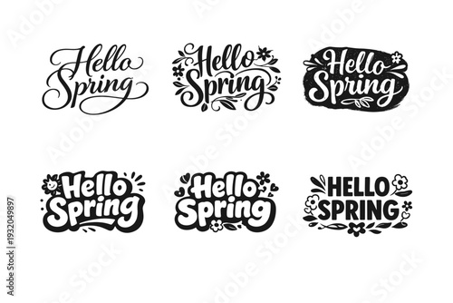 Hello Spring. Set lettering. harmonious lettering variations of the same emblematic concept, each with different artistic interpretation (Elegant script with