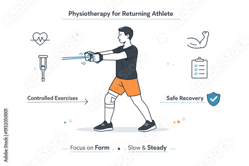 Physiotherapy for returning athlete. Person using resistance bands for controlled exercises, mindful posture and slow repetition, safe recovery routine.