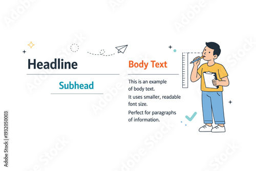 Typography hierarchy. A clean layout with headline, subhead, and body text blocks arranged side by side, a character reviewing proportions. The scene conveys