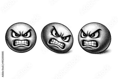 Comic emoticon angry face, a single expressive angry emoticon object presented in straight-on front view, tilted view, and three-quarter angled view as an