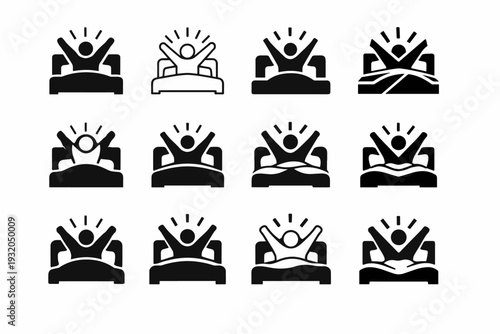 Stretching in bed. Icon set. Set Logo of Stretching in bed: cozy bed with stretch lines. harmonious logo variations of the same emblematic concept, each with