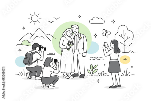 Outdoor sustainable wedding photography. Couple and guests taking photos in a natural setting with minimal decor, subtle abstract line icons and floating