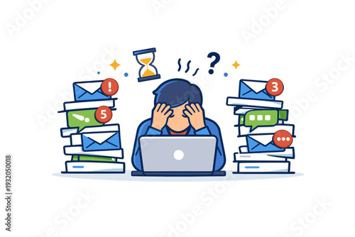 Asynchronous work stress visualized as a single worker surrounded by unread messages stacking unevenly, expressing overload, delayed feedback and uncertainty.