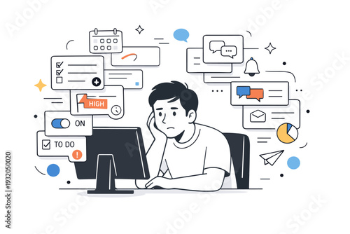 Too many decisions at the office. A person staring thoughtfully at a screen with layered task cards, toggles and icons stacked around. Focused but drained