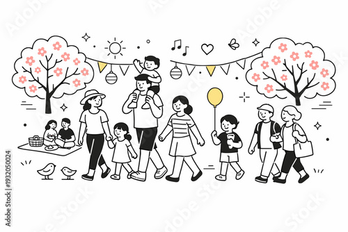 Community events in spring. Families walking together under blooming trees with small decorations. Sense of renewal, togetherness, and relaxed outdoor time.