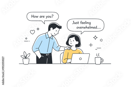 Employee well-being support. A manager checking in with a colleague, using gentle gestures and minimal dialogue bubbles. Warm and caring corporate interaction.