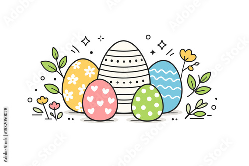 Easter egg illustrations. A friendly editorial scene with decorated Easter eggs arranged calmly with soft spring elements like leaves and abstract flowers. The