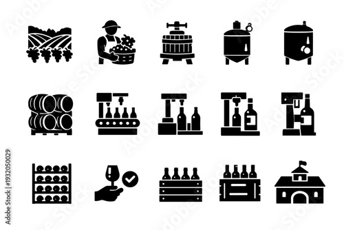 Wine Production. Solid icon set of Wine Production: vineyard, grape harvest, grape press, fermentation tank, wine barrel aging, bottling line, wine corking,