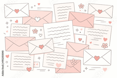 Abstract handwritten letter background. Multiple letters and envelopes layered softly with subtle heart and floral motifs for a calm and modern editorial