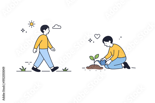 Daily ritual for presence. A person walking slowly outdoors or tending a small plant, repeated action bringing calm and continuity. Secular ritual grounded in