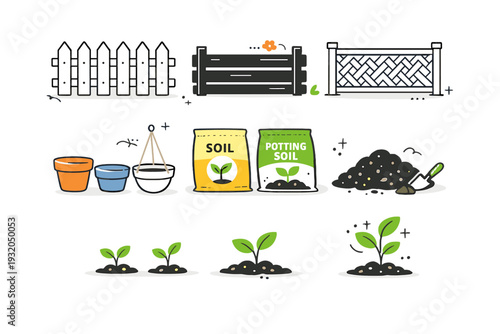 Outdoor garden details. Fence pieces, plant pots, soil bags, and small sprouts shown as separate vector elements. Cozy backyard atmosphere with a modern