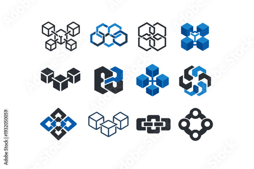 Blockchain. Icon set. Set Logo of Blockchain: digital ledger symbol. harmonious logo variations of the same emblematic concept, each with different artistic