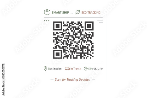Digital QR code label. A smart shipping label featuring a prominent QR code for paperless tracking, reducing print clutter and waste. Modern eco-efficient