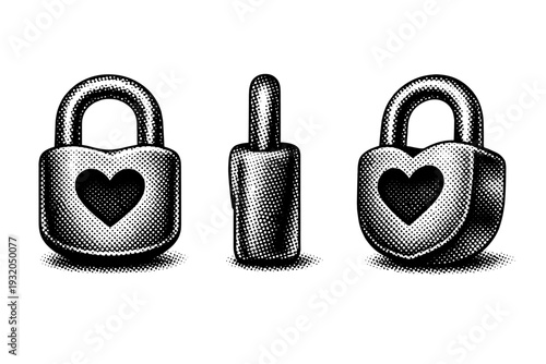 Pop art halftone love lock A love padlock icon shown in front view, side view, and three-quarter view with clear volume definition. Black and white dot style