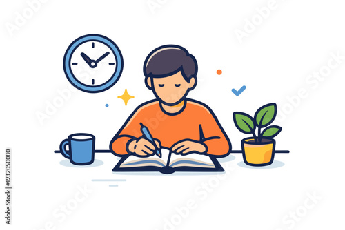 Slow productivity focused on a calm person working at a desk with a simple clock and plant nearby, expressing steady progress, focus and respect for natural