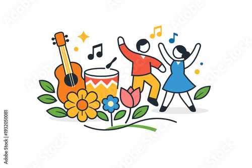Spring cultural celebration abstract dance or music cues paired with spring florals, symbolizing expression, rhythm and collective happiness. A modern visual
